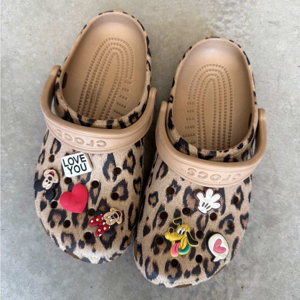 CROCS Tan Leopard Print Clogs with Fun Charms